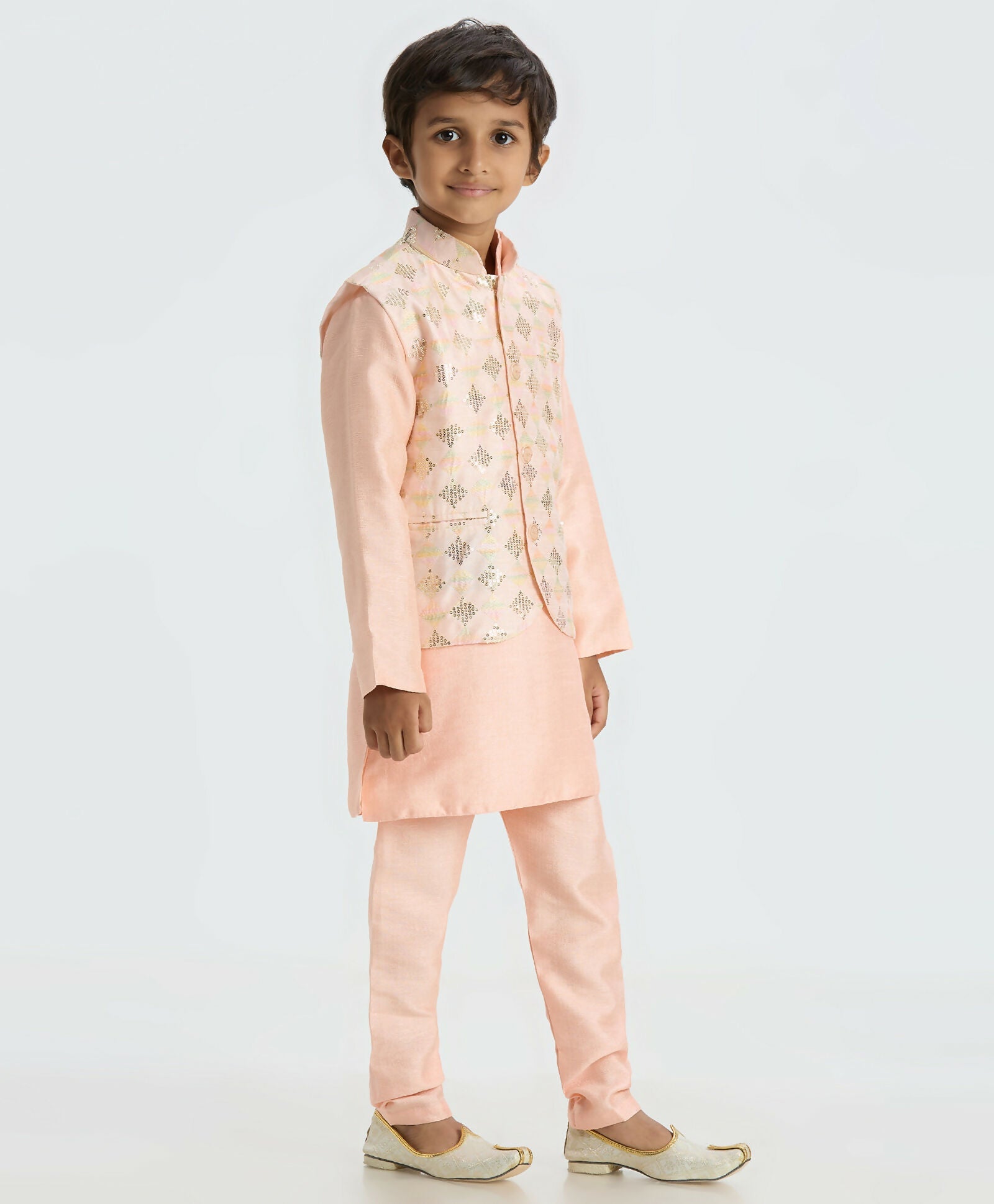Joban Fashion Kids Island Traditional with a modern touch Nehru Jacket Full Sleeves Kurta, Pyjama Set - Peach | Grocsy