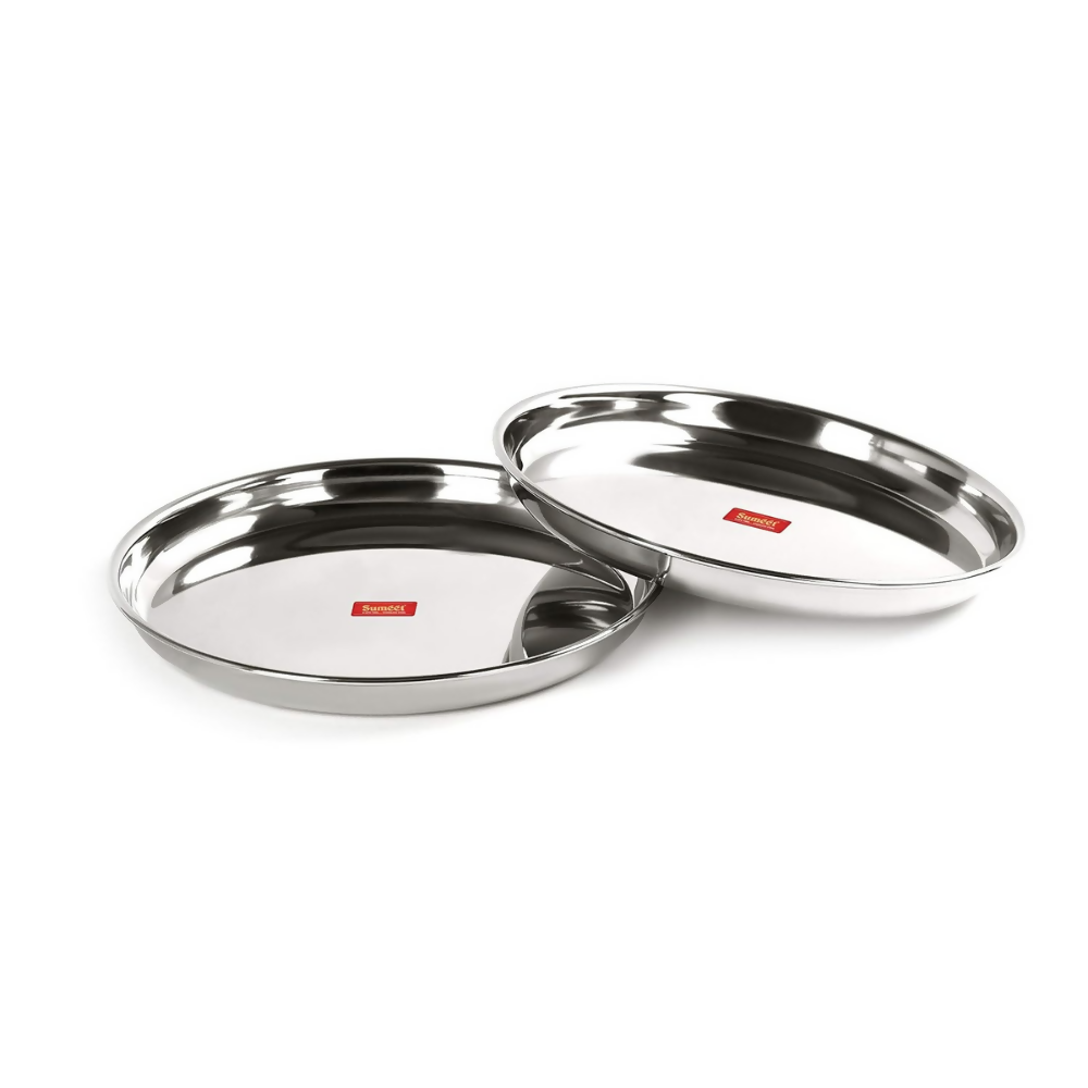 Sumeet Stainless Steel Heavy Gauge Deep Wall Dinner Plates with Mirror Finish | Grocsy