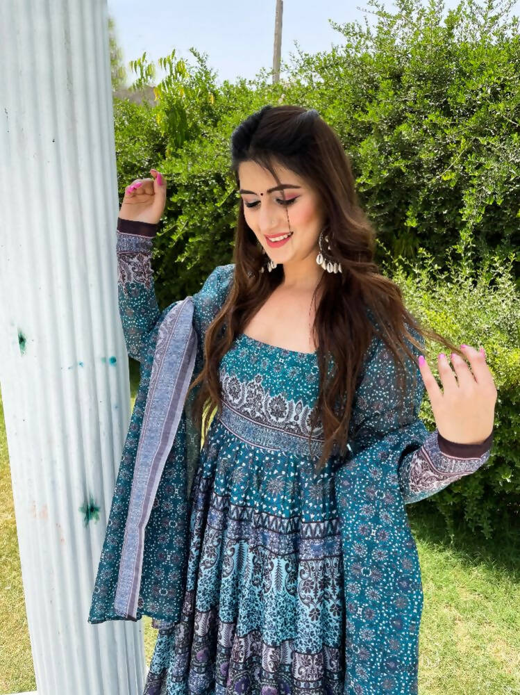 All Season Designer Blue With Multycolor Pure Maslin Gown - Anbazaar | Grocsy