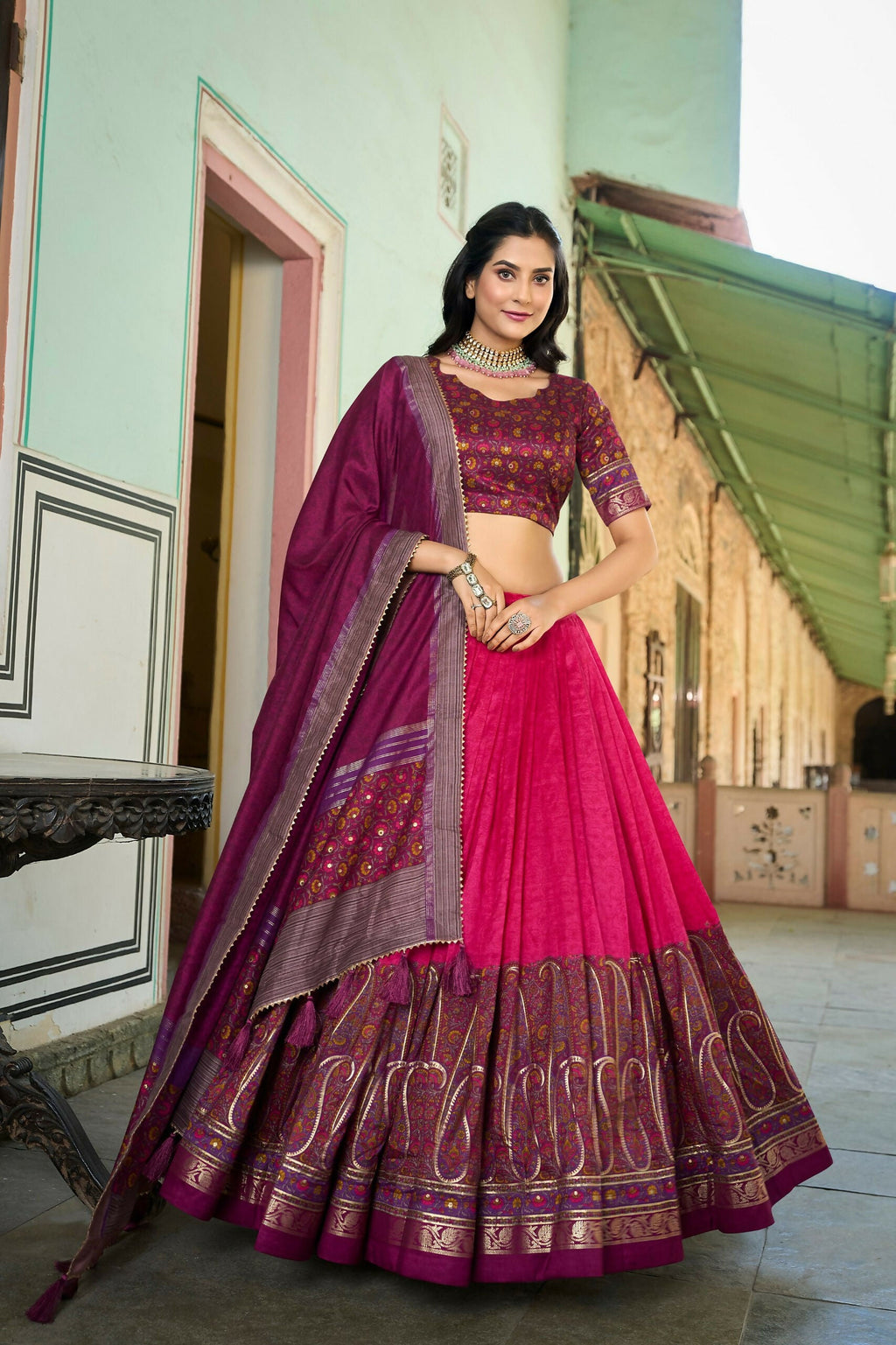 Vastranavya Kashmiri Print With Foil Print Lehenga With Unstitched Printed Blouse - Pink | Grocsy