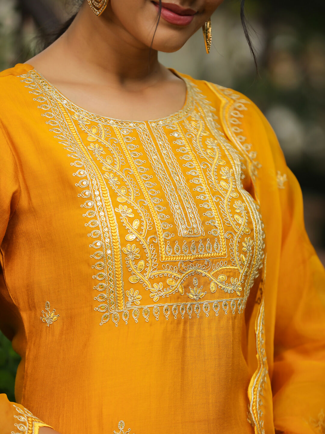 Janasya Mustard Silk Blend Embroidered Kurta,Bottom & Dupatta | Grocsy