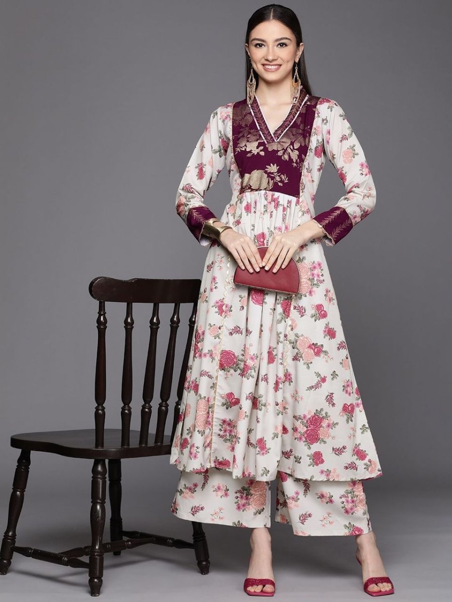 Ahalyaa Womens Beige Crepe Digital Printed Kurta Palazzo Set | Grocsy