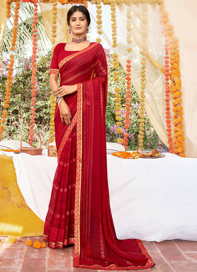 Red Georgette Foil Printed Saree with Unstitched Blouse Piece - Avika | Grocsy