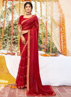 Red Georgette Foil Printed Saree with Unstitched Blouse Piece - Avika | Grocsy