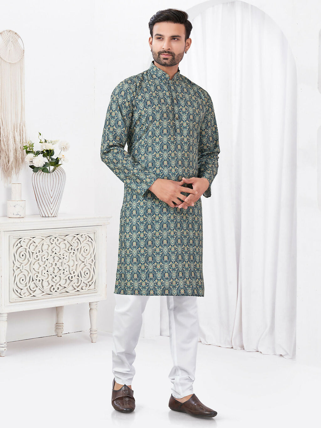 Joban Fashion Men's Rayon Cotton BLUE Printed Kurta Pyjama set | Grocsy