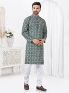 Joban Fashion Men's Rayon Cotton BLUE Printed Kurta Pyjama set | Grocsy