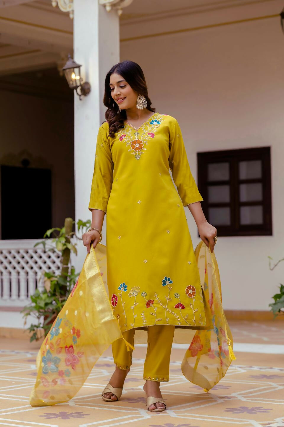 The52 Yellow Women's Gorgeous Embroidered work Viscose Gadhwal Fabric Straight Kurta, Pant and Dupatta Set | Grocsy