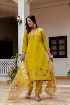 The52 Yellow Women's Gorgeous Embroidered work Viscose Gadhwal Fabric Straight Kurta, Pant and Dupatta Set | Grocsy