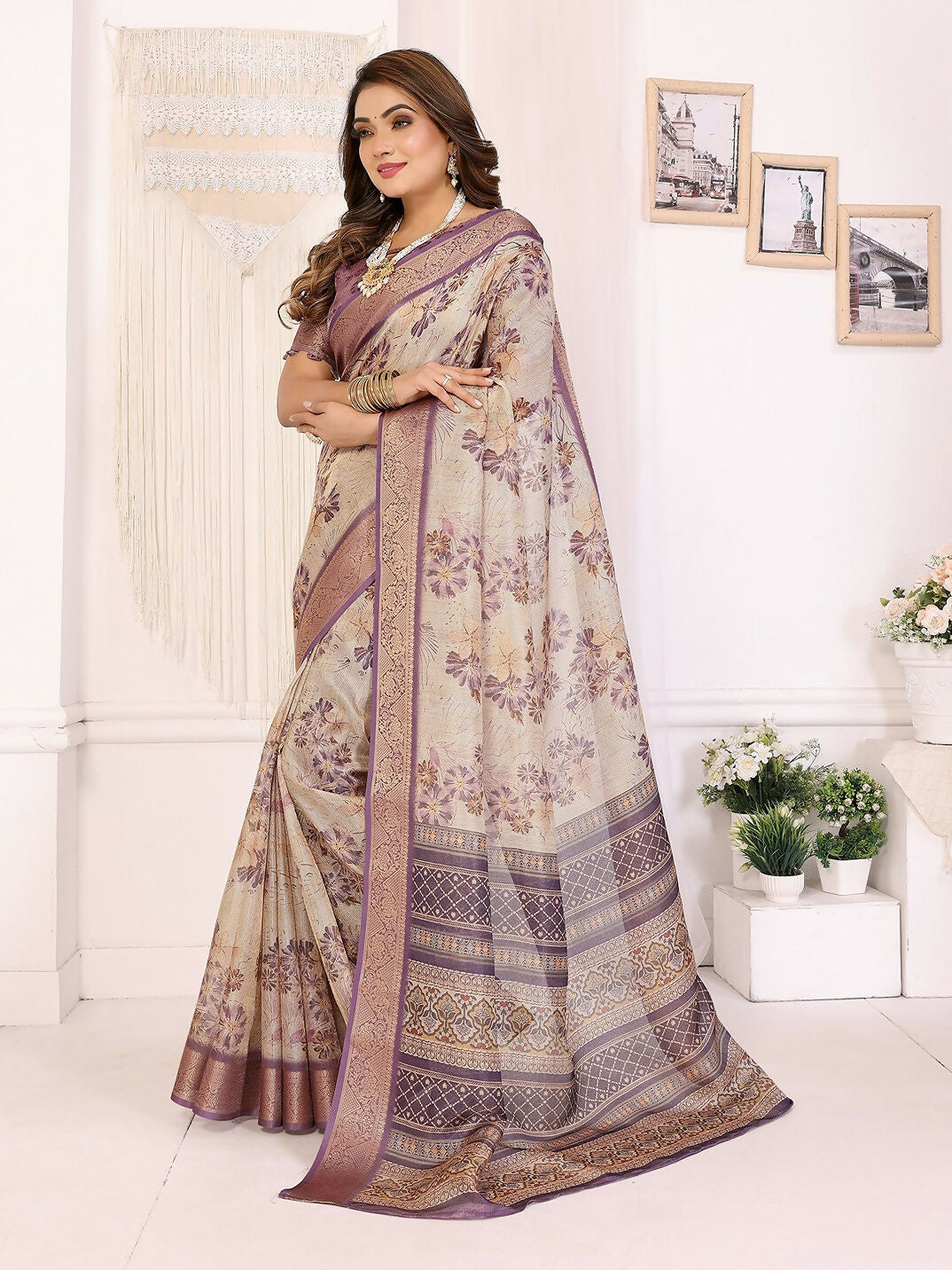 Joban Fashion Lavender Floral Print pattern Banarasi Silk Sarees | Grocsy