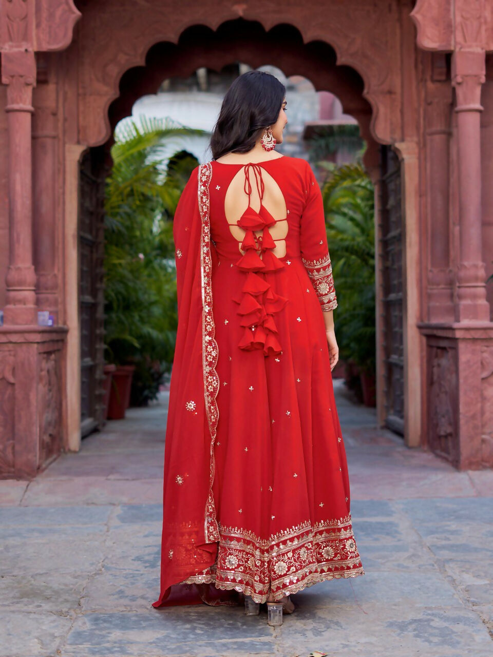 The52 Women's Beautiful Faux Georgette Fabric Embroidery Work Flared Anarkali Pant and Dupatta Set | Grocsy