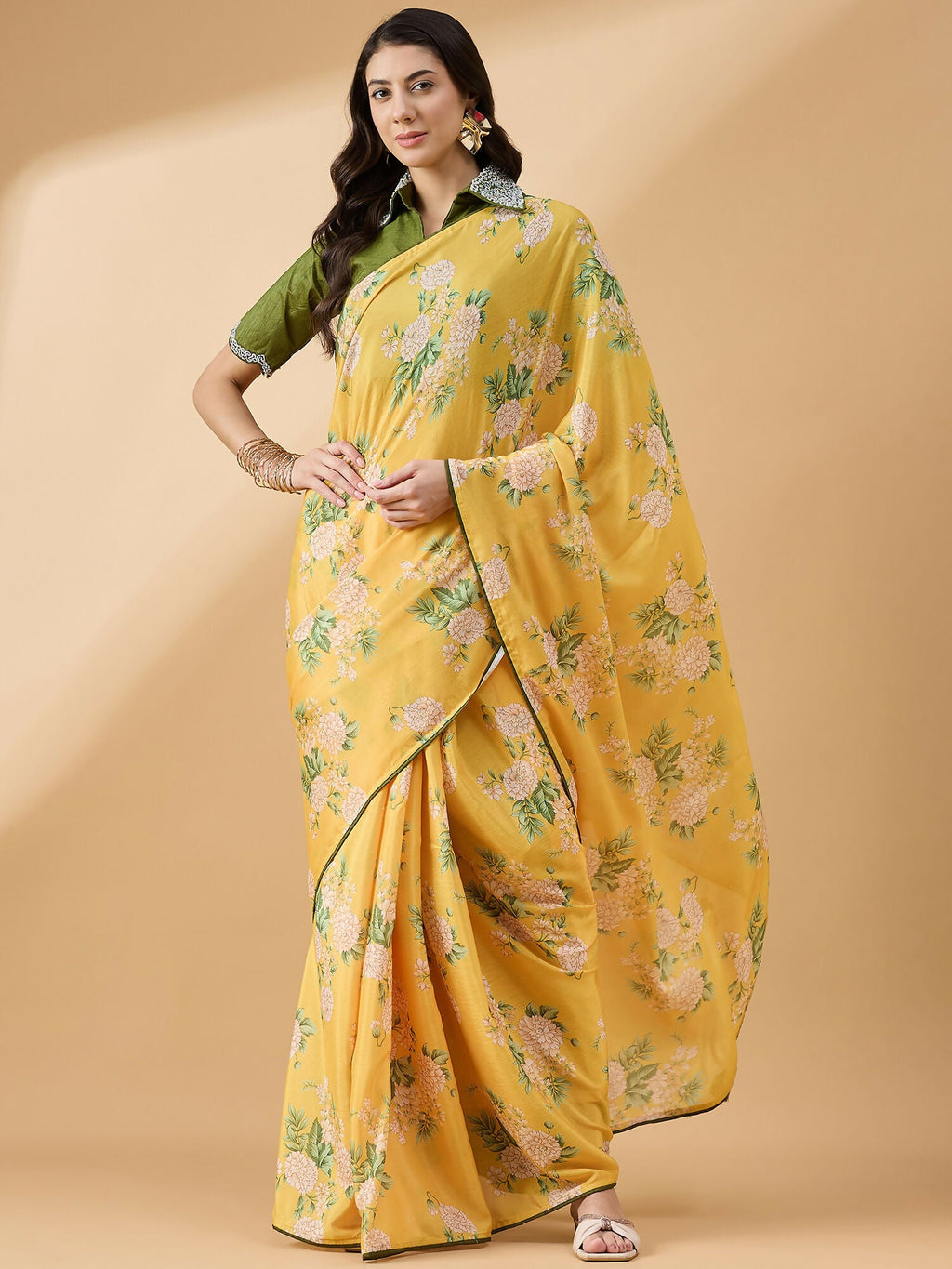 Mustard Chiffon Floral Printed Saree with Stitched Blouse - Dharavi | Grocsy