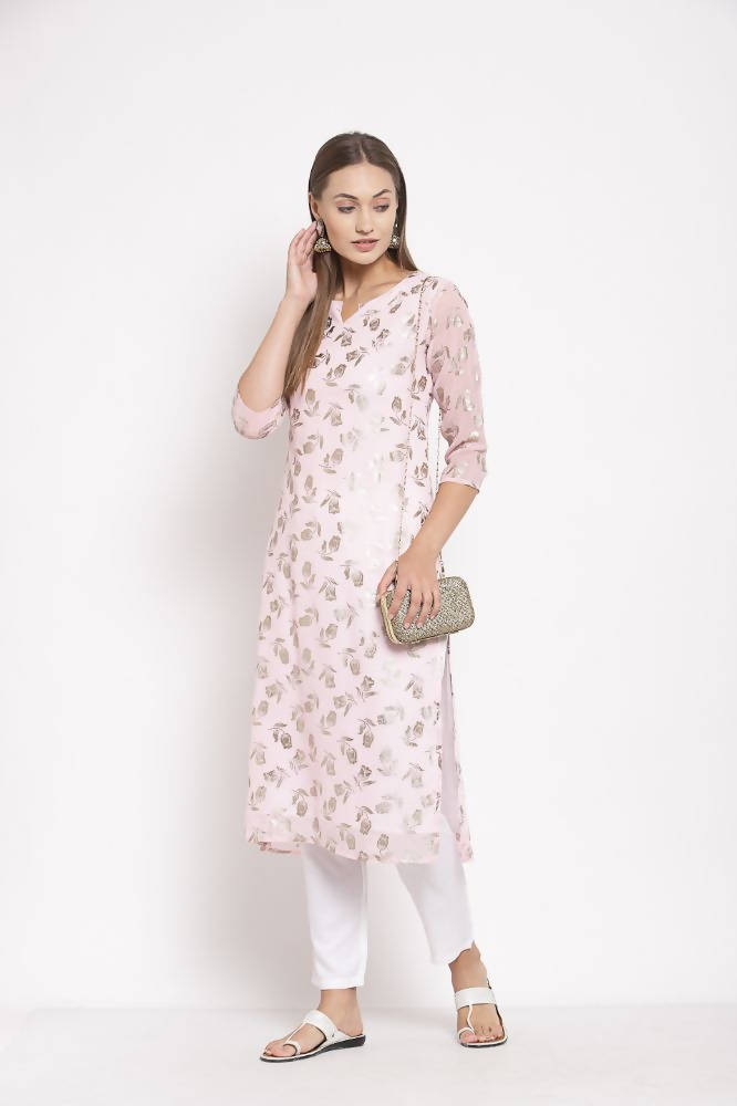Myshka Women's Multi Georgette Printed 3/4 Sleeve Round Neck Casual Kurta | Grocsy