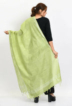 Mominos Fashion Moeza Women's Linen Cotton Silver Border Parrot Green Dupatta | Grocsy