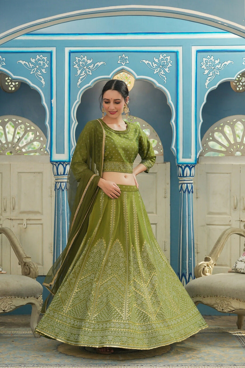 Juniper Green Bandhani Printed Shantoon Slub Lehenga Choli & Net Dupatta Set. | Grocsy