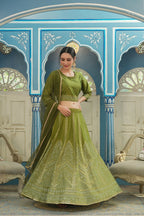Juniper Green Bandhani Printed Shantoon Slub Lehenga Choli & Net Dupatta Set. | Grocsy