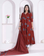 Miravan Women Rust Floral Printed Angrakha Kurta And Dupatta | Grocsy
