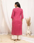 FIORRA Women's Floral Printed Pink Cotton Straight Kurta | Grocsy
