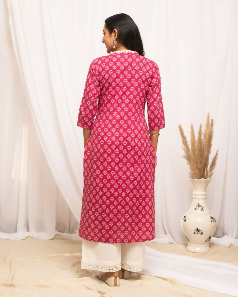 FIORRA Women's Floral Printed Pink Cotton Straight Kurta | Grocsy