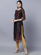 Myshka Women Black Red Floral Printed Chanderi Silk Kurta | Grocsy