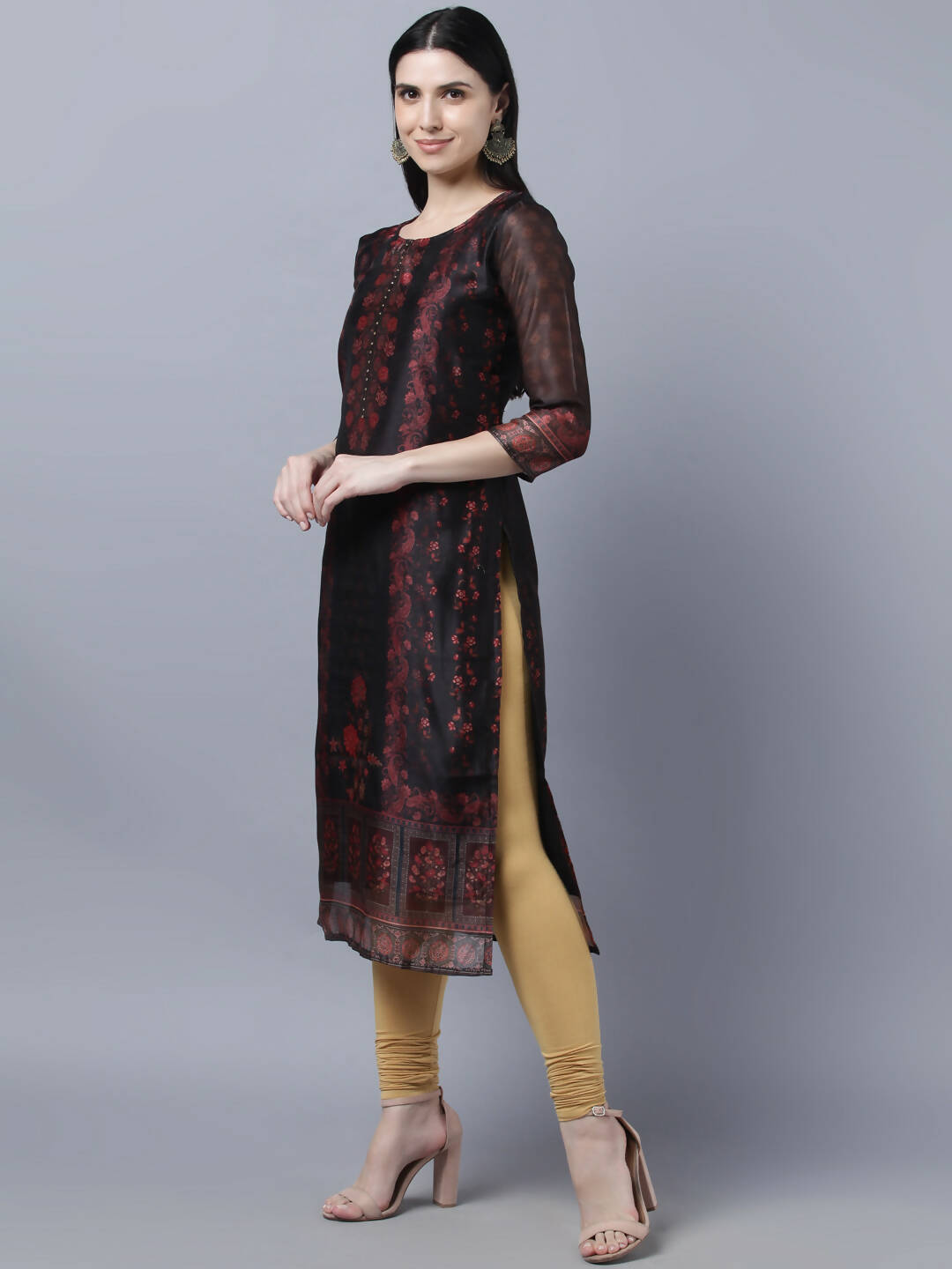Myshka Women Black Red Floral Printed Chanderi Silk Kurta | Grocsy