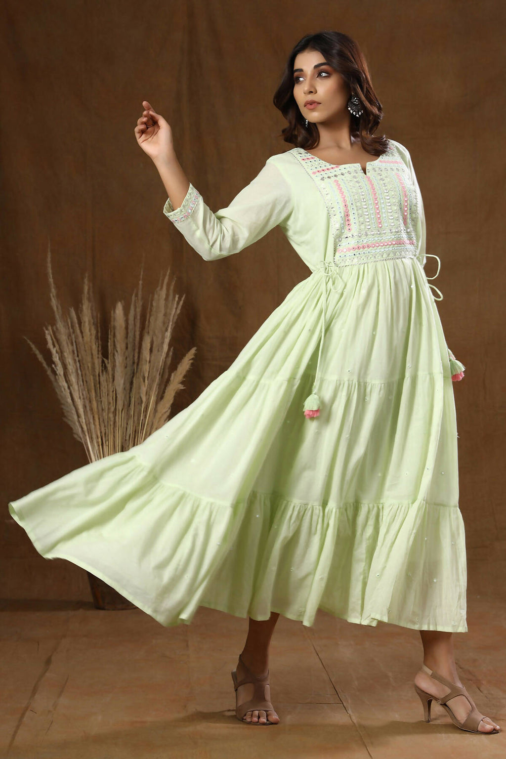 Kaajh Women's Green Mirror Embellishment Anarkali Kurta | Grocsy