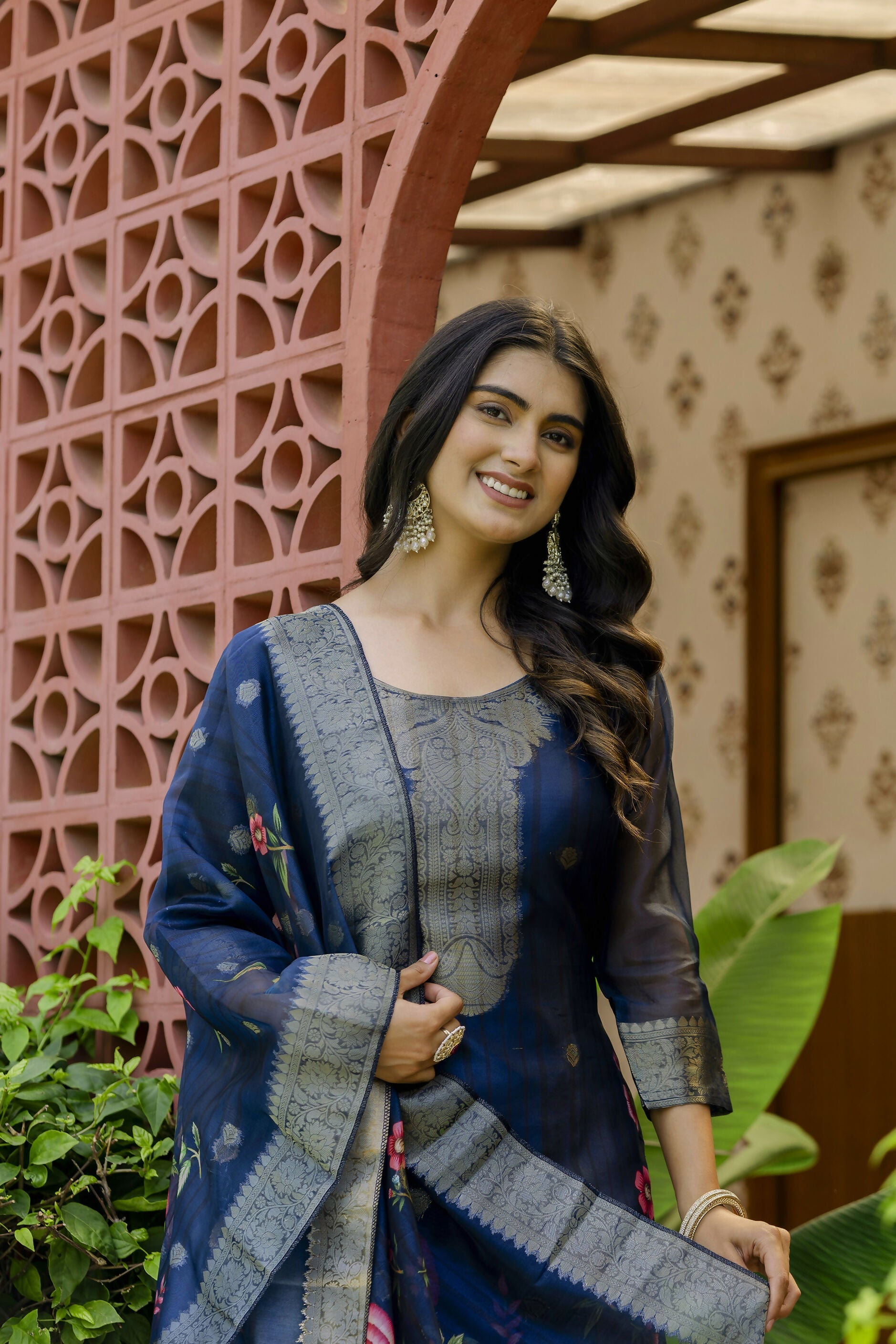 The52 Women's Beautiful Printed Work Jacquard Organza Fabric Straight Kurta Pant and Dupatta Set | Grocsy