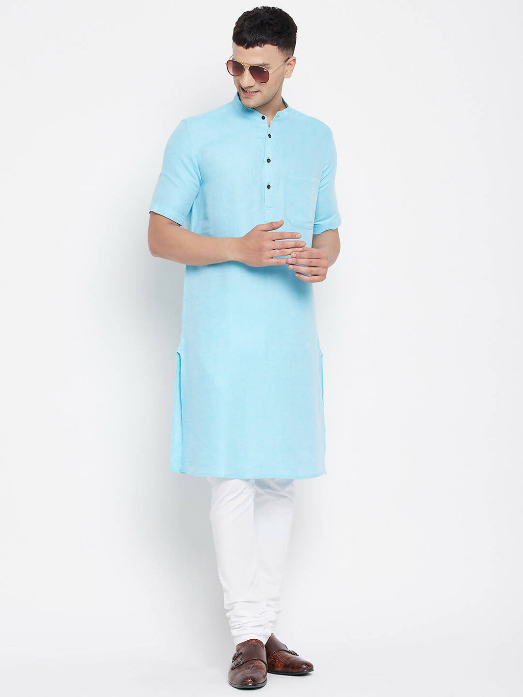 Even Apparels Blue Color Pure Cotton Men's H/S Kurta With Band Collar | Grocsy