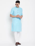 Even Apparels Blue Color Pure Cotton Men's H/S Kurta With Band Collar | Grocsy