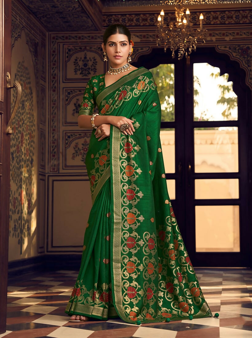 Monjolika Fashion Dark Green Silk Blend Banarasi Zari Work Classic Saree | Grocsy