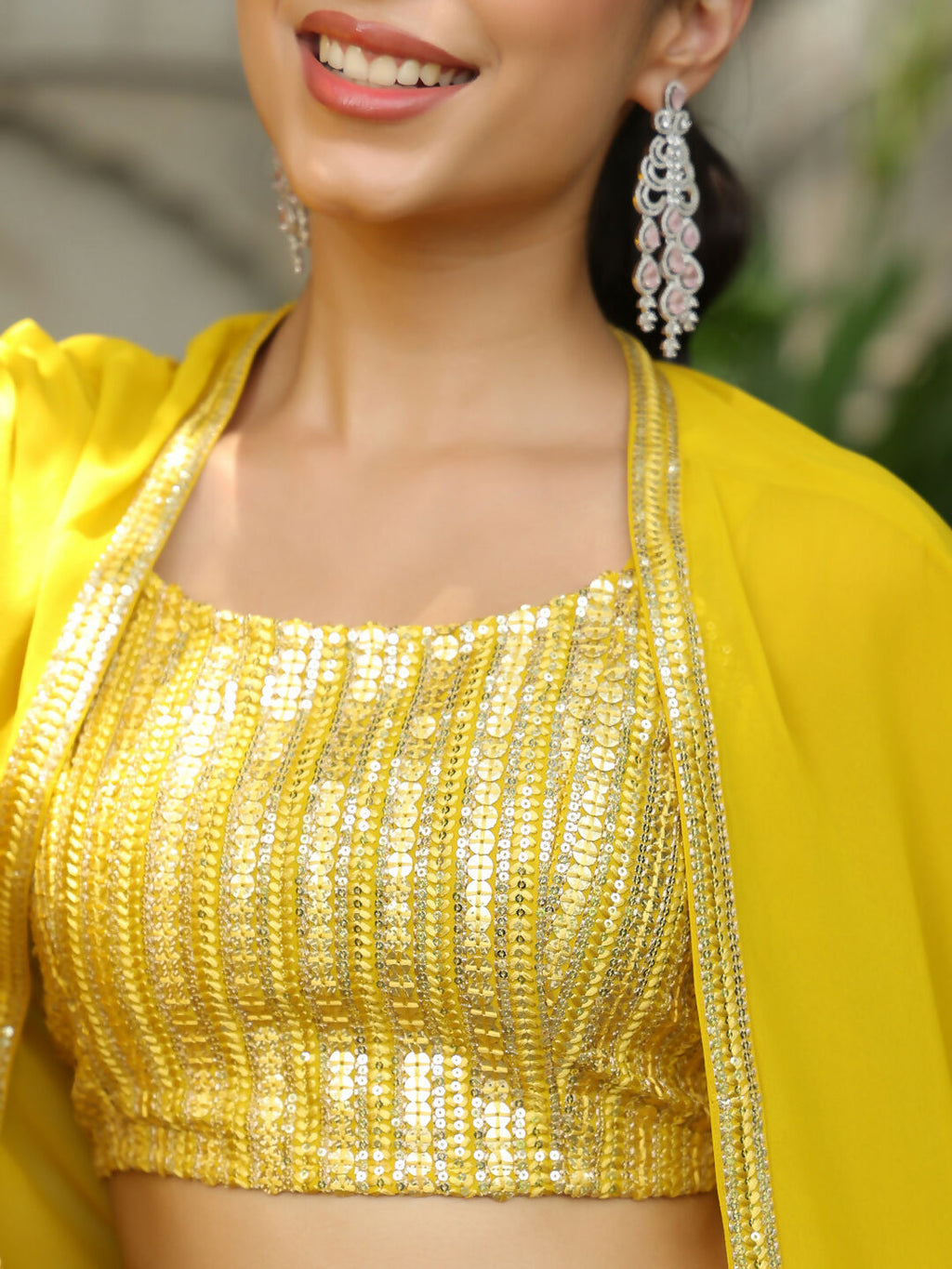 Janasya Yellow Georgette Sequined Top Bottom Cape | Grocsy