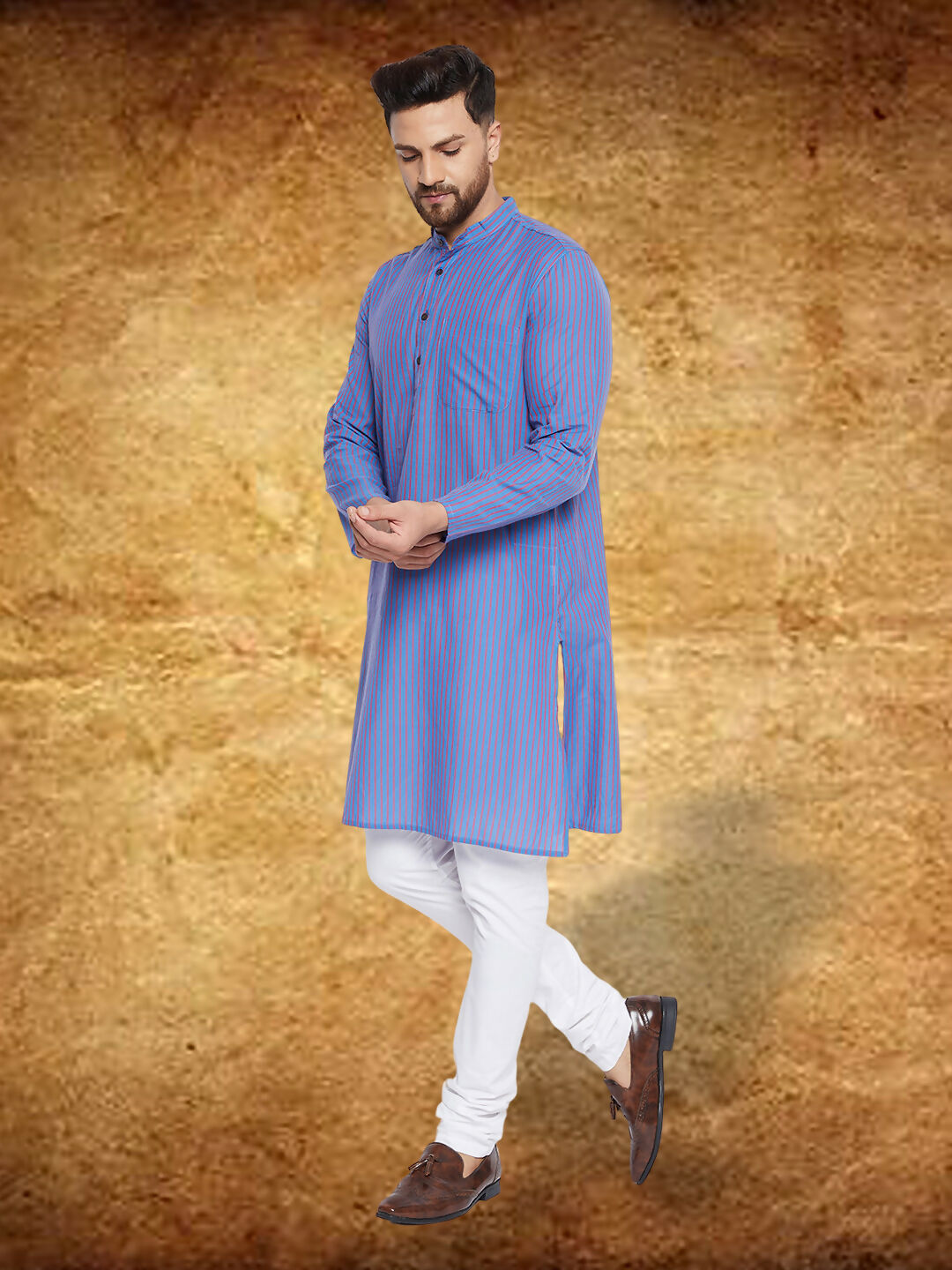 Even Apparels Men's Pure Cotton Blue Striped Kurta | Grocsy