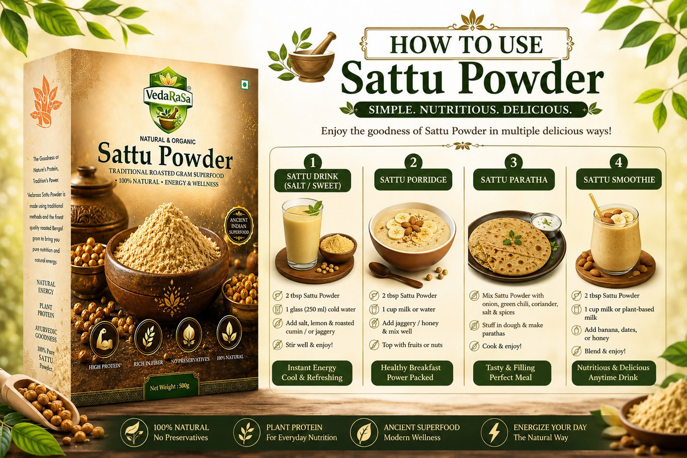 VedaRasa Premium Sattu Powder – Organic Roasted Chana Powder | Grocsy