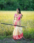 DEIANA'S Beautiful Designer Golden zari Soft Lichi Silk Saree - White | Grocsy