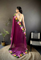 Prime Volt Multicolor Leaf Embroidery Rangoli Silk Saree with Scalloped Border-Purple | Grocsy