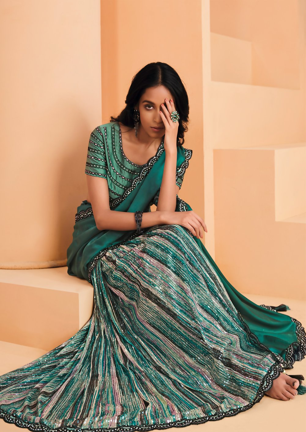 Sea Green Satin Crepe Silk Embroidery with Digital Sequence Work Saree - Norita Helly | Grocsy
