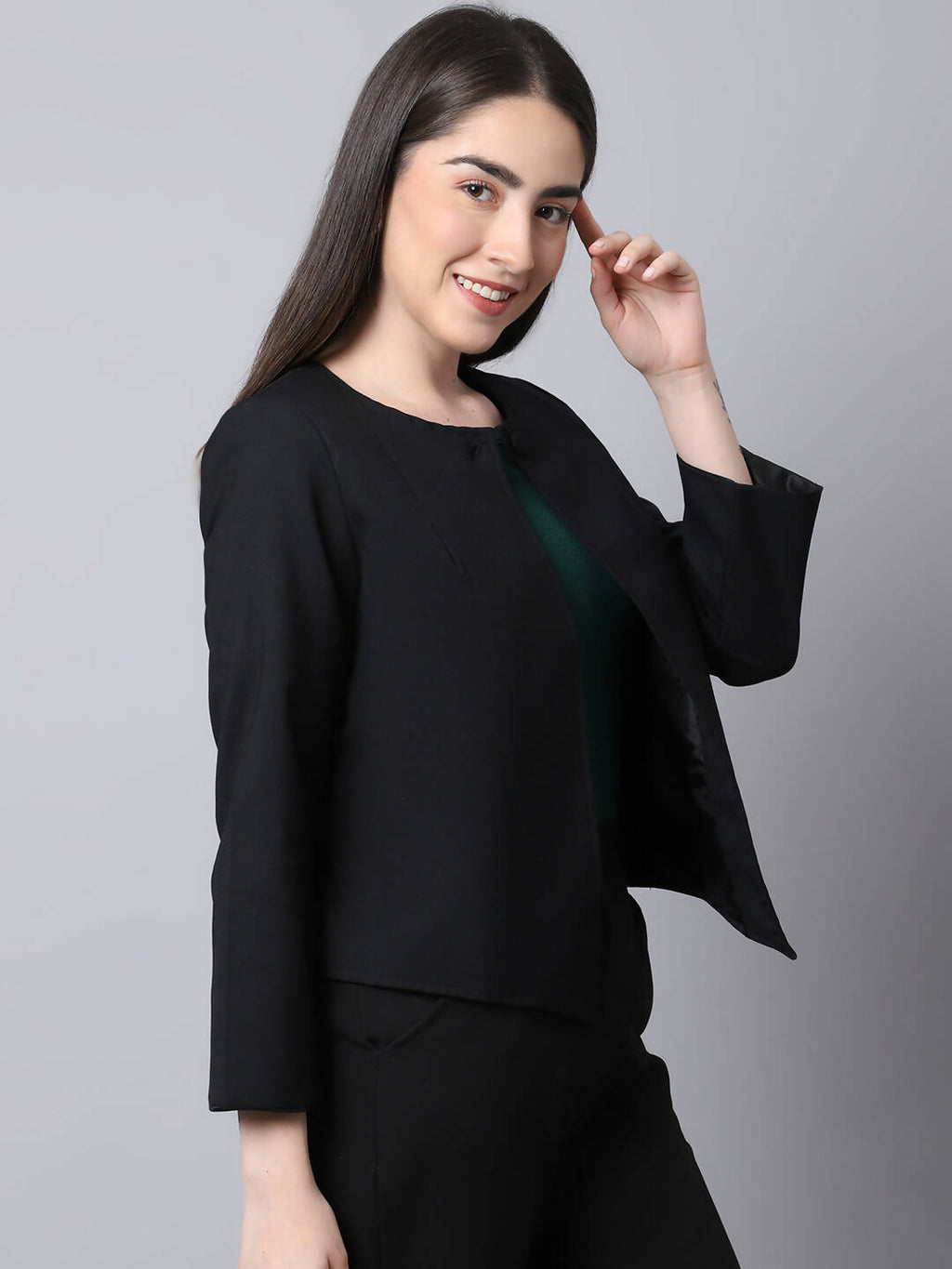 Even Apparels Black Polywool Open Front Statement Women's Jacket | Grocsy