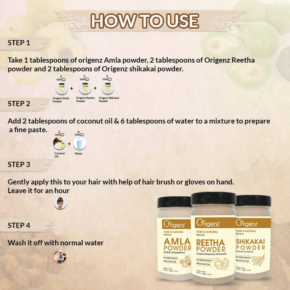 Origenz Premium Amla, Reetha, Shikakai Powder Combo For Hair Mask, Cleanser | Grocsy