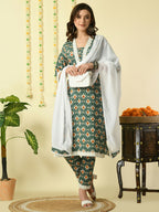 Myshka Women's Green Pure Cotton Kurta & Trousers With Dupatta Party Sets | Grocsy