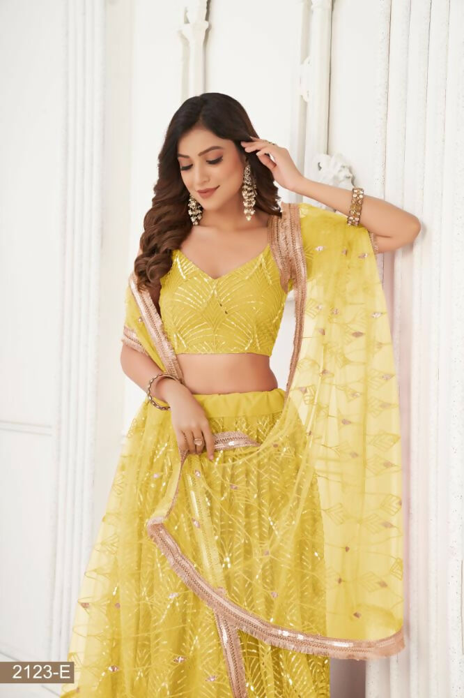 Aastha Fashion Yellow Butterfly Net Tone To Tone Thread Work, Sequence Work And Original Mirror Work Embroidery Wedding Wear Lehenga Choli | Grocsy