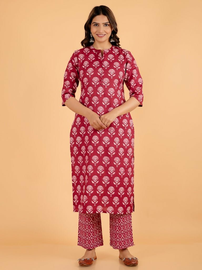 Aramya Pink Soft Cotton Block Print Straight Kurta Set for Women | Grocsy