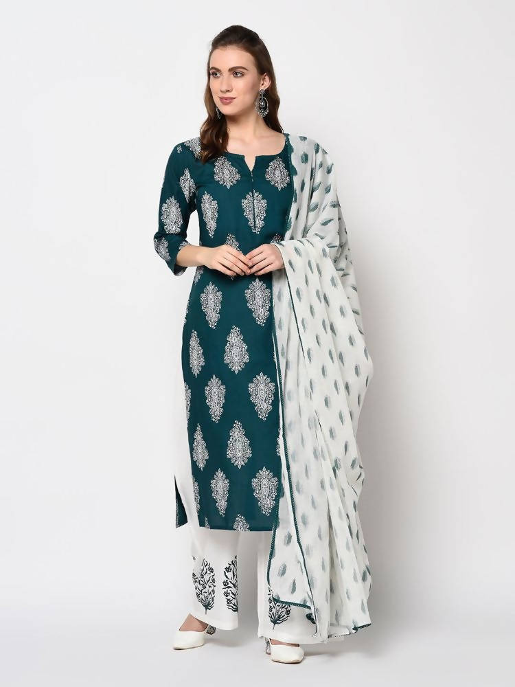 Yufta Teal Block Print Kurta with palazzo and Dupatta Set | Grocsy