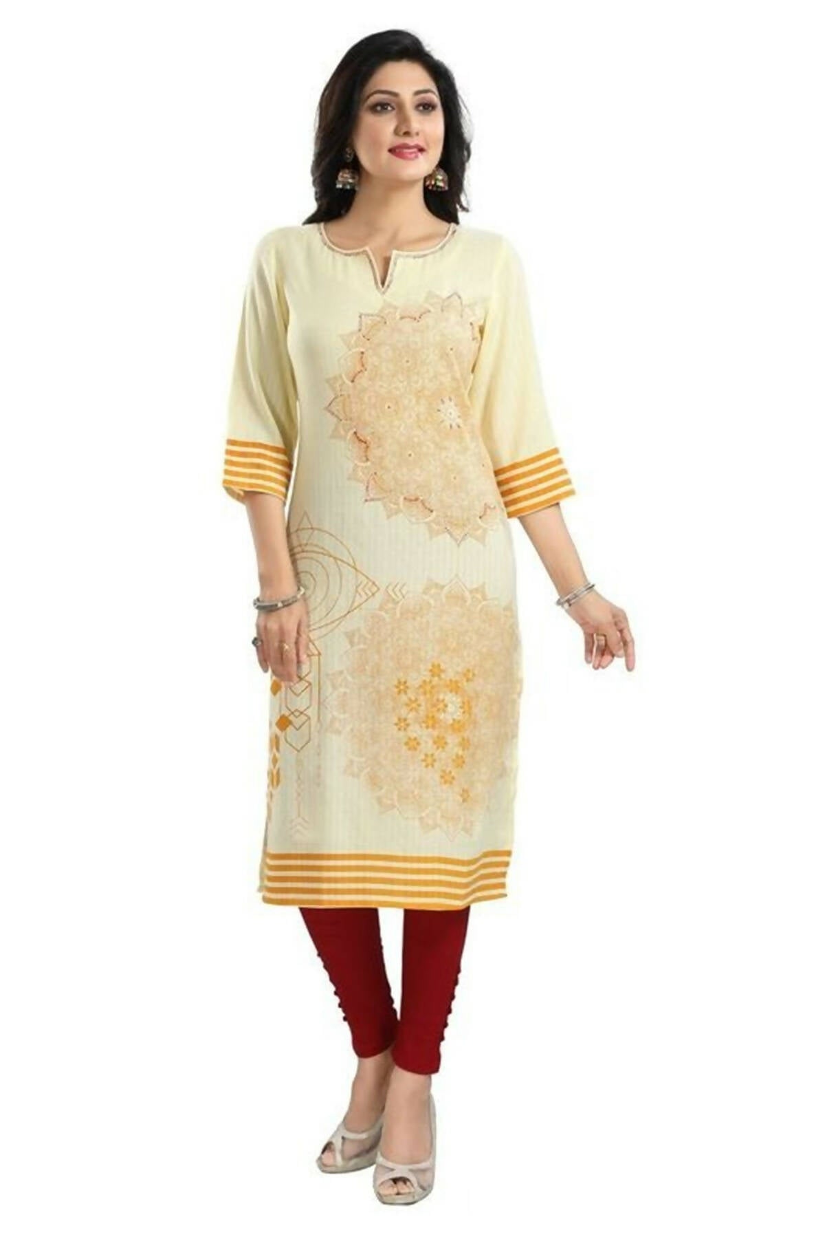Snehal Creations Yellow Rayon Textured Print Long Kurta For Women | Grocsy