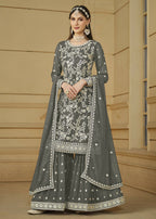 Stone Grey Embroidered Georgette Gharara Style Suit - Emponline | Grocsy