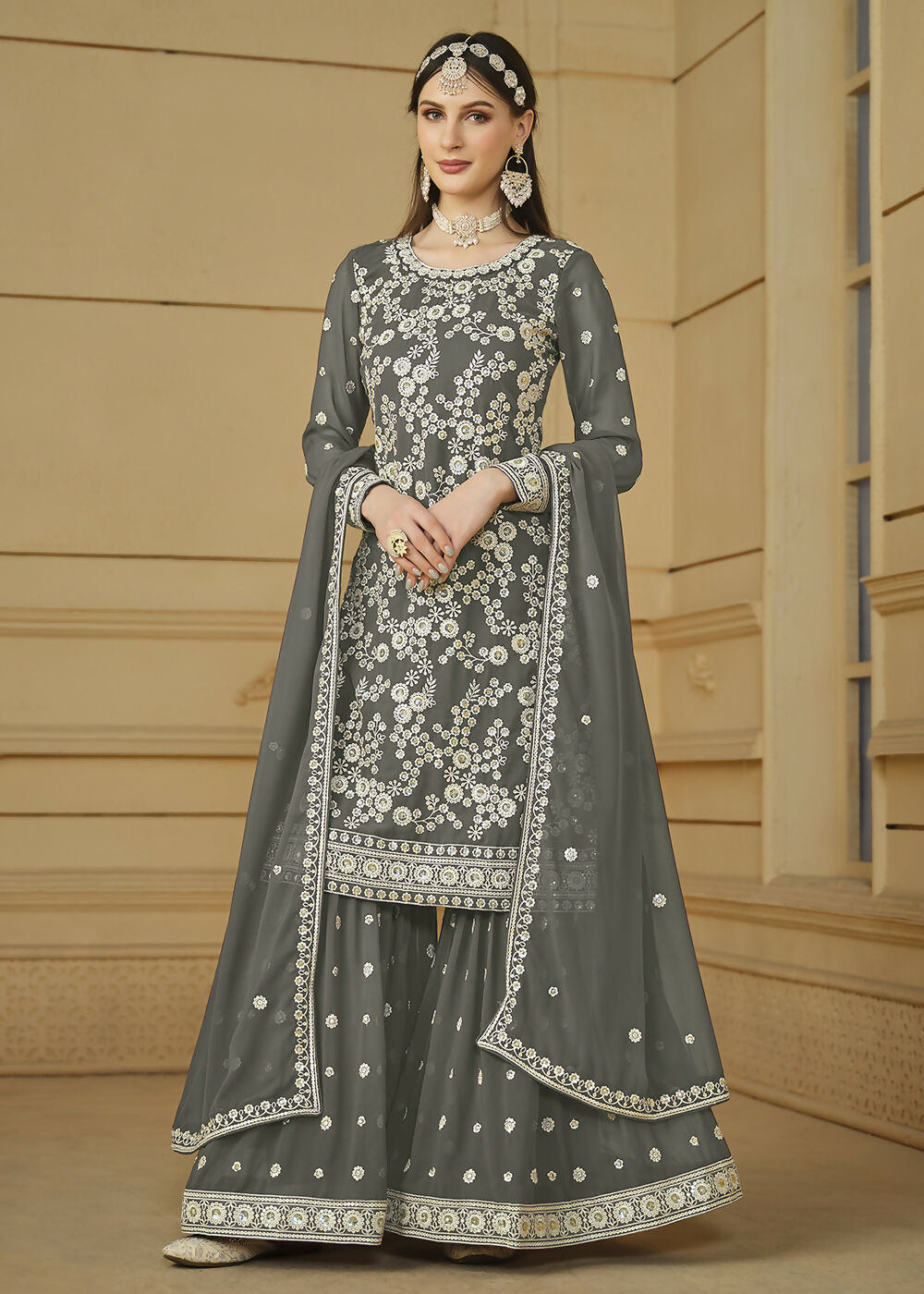 Stone Grey Embroidered Georgette Gharara Style Suit - Emponline | Grocsy