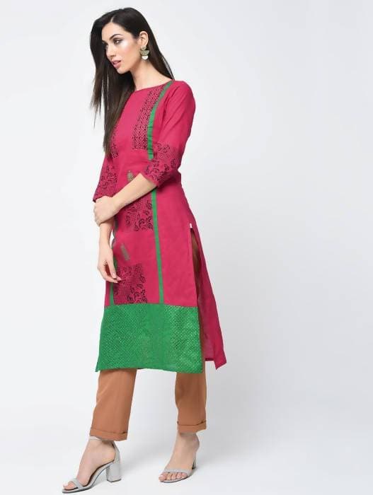 Aniyah Cotton Block Printed Straight Pink Kurta (AN-114K) | Grocsy