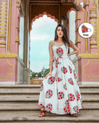 Designer Partywear Printed White Pure Maslin Gown - Anbazaar | Grocsy
