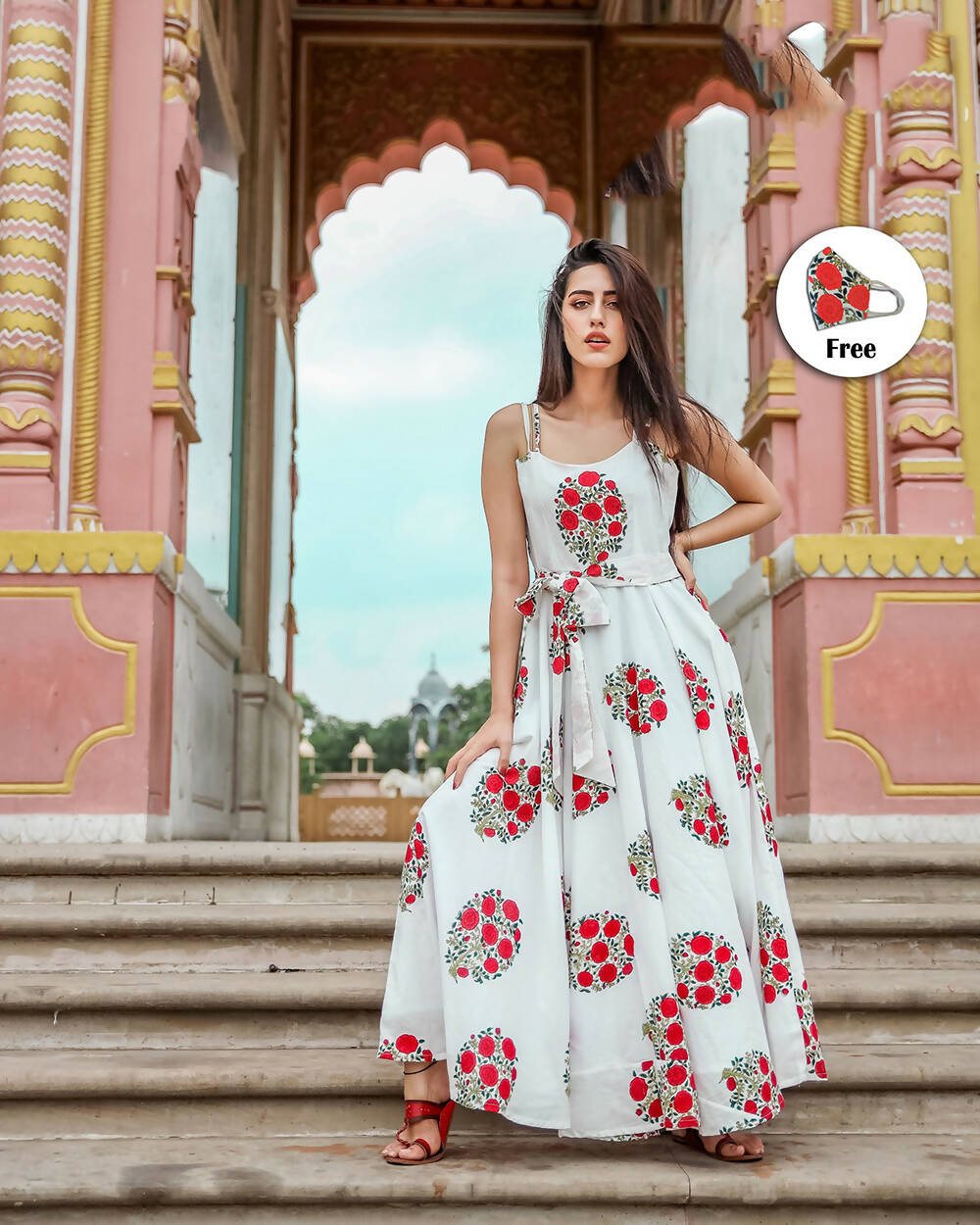 Designer Partywear Printed White Pure Maslin Gown - Anbazaar | Grocsy