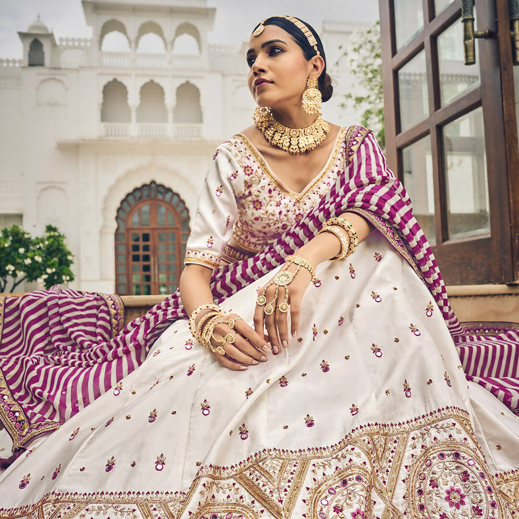 White Heavy Viscose Khatli, Embroidery & Mirror Work Unstitched Lehenga Choli - Sisha Keshav | Grocsy