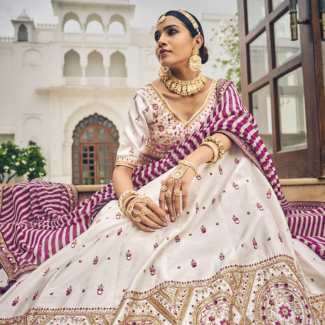 White Heavy Viscose Khatli, Embroidery & Mirror Work Unstitched Lehenga Choli - Sisha Keshav | Grocsy