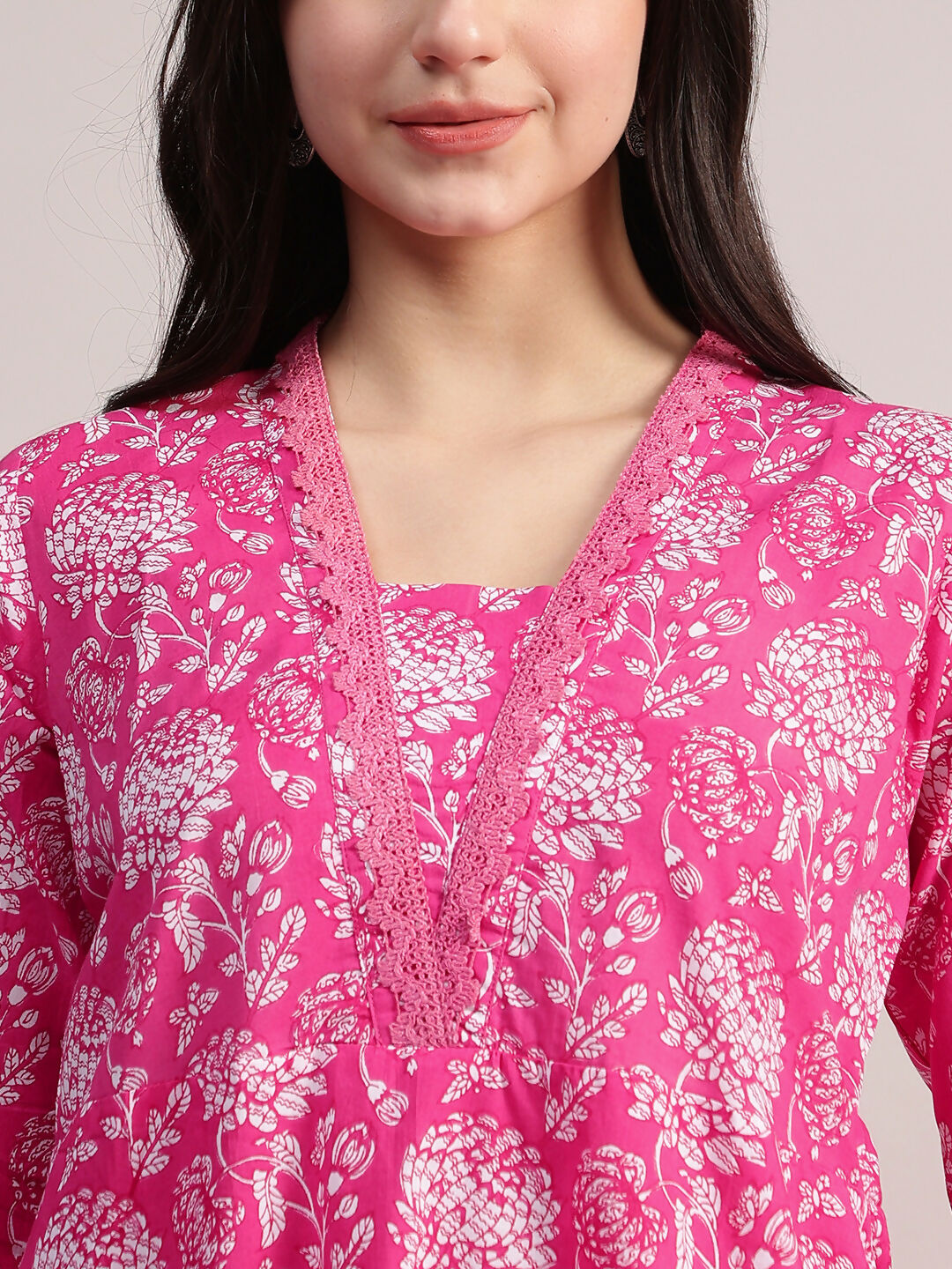 Aavyora Women's Pink Floral Print Cotton A-Line Kurta with Striped Trouser & Dupatta | Grocsy